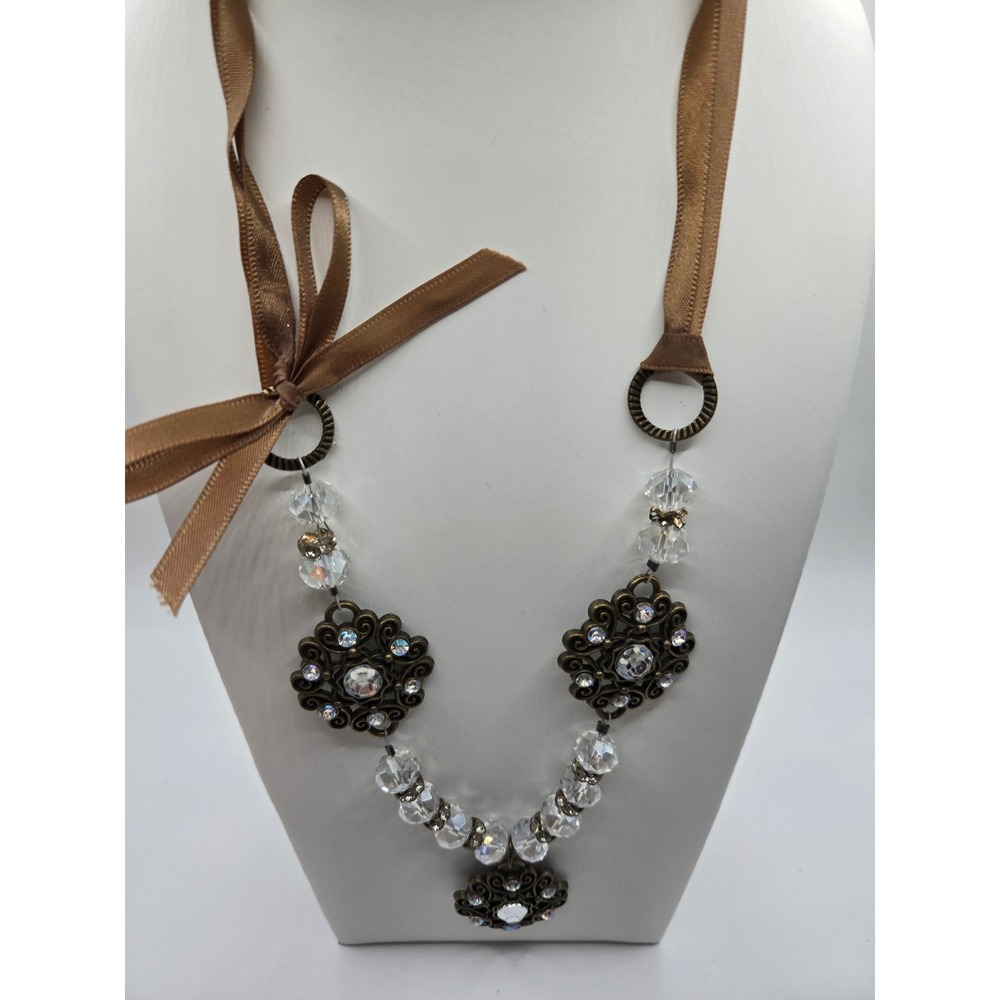 Bronze Filigree Crystal Ribbon Statement Necklace Tan Satin Bow Victorian Style